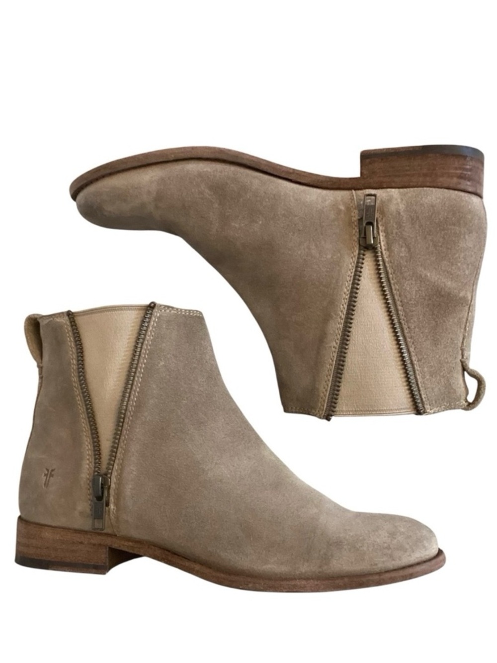 Frye 7.5B Carly Double Zip Chelsea Ankle Boots Women’s Taupe Distressed Leather